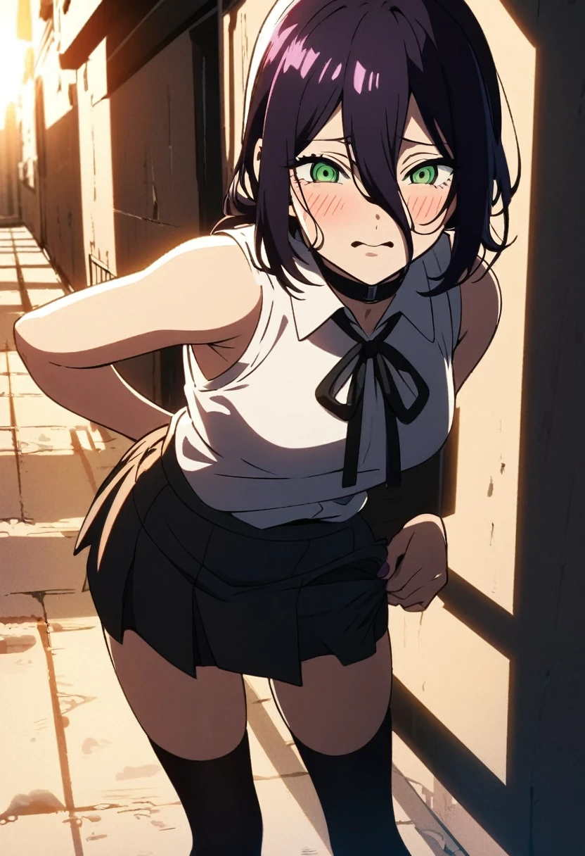Reze,Reze Chainsaw Man,1girl, solo, short purple hair, green eyes, shy expression, blushing, black choker, white sleeveless shirt, black ribbon on collar, black high-waisted short skirt with slit, black thigh-high stockings, standing pose, body slightly leaning forward, hands down, left hand touching skirt, alleyway background, cityscape, shadowed walls, sunlight from above, anime style, high contrast, detailed linework, soft lighting