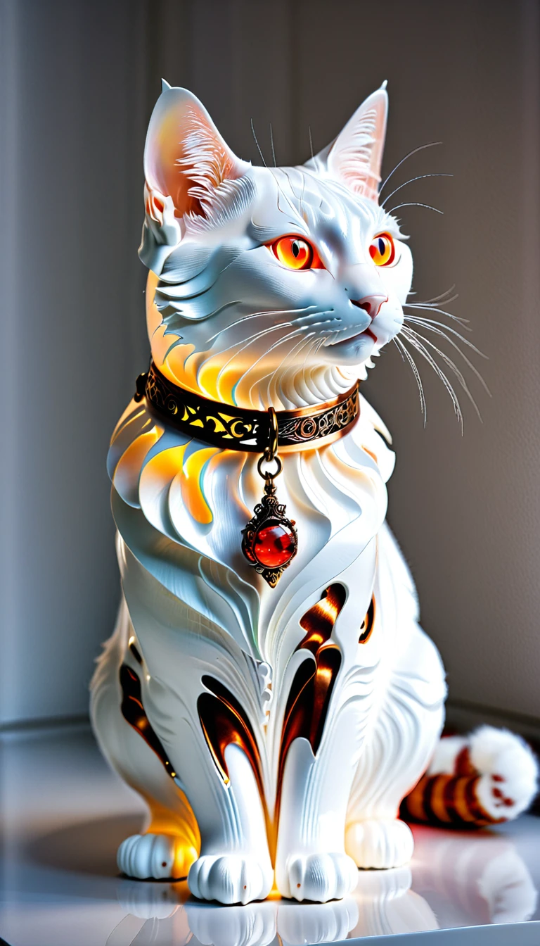 There is no one, realistic photo, realism, half turkish (Turkish Van) cat, future oriented, metal decoration, Shining red light inside, hollow interior, Polish, ray tracing, perfect composition, intricate details, Very sharp, masterpiece, profile, high resolution