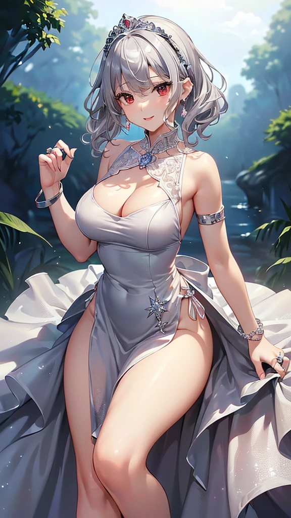 (((Masterpiece、Ultra high definition、Ultra HD、８K Quality)))、(((Sexy Dress, Long dress、A woman wearing a low-cut dress, Beautiful legs peeking out from the slit of the dress))), (((((Silver Hair、short hair, Loose wavy hair, Side Ponytail)))))、(((Beautiful shining red eyes)))、((Bangs))、((Princess)), Pink Lips、tiara, scenery, Sexy expression, ((Very detailed)), (Perfectly detailed face), (Beautiful, well-proportioned face and proportions), (Anatomically correct face and body), (Ergonomically correct posing), (Well-drawn, detailed hands and fingers) 、Very large breasts、Cute Smile、Photorealistic images 、 (((Picture from the waist up)))、(((上品なデザインのtiara、Earrings、bracelet、ring)))
