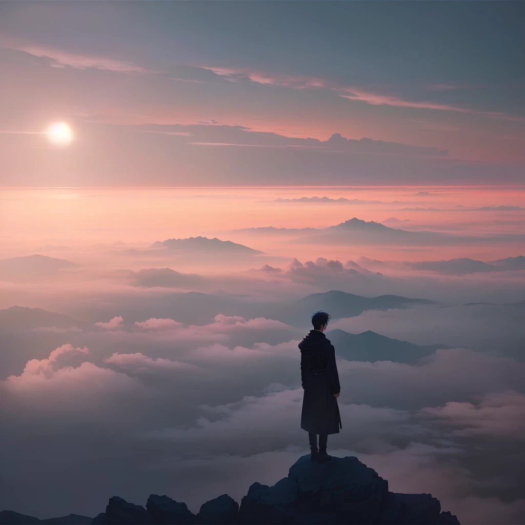 Arav image of a man standing on a rock looking up at the sky, A distant dreamy atmosphere, author:Yang J, author:Yan Liben, Nostalgic Melancholy Artwork, Dreamlike scene, Anime beautiful peaceful scene, Anime atmosphere, by Cheng Jiasui, this is beautiful, by Zou Zhe, author:Ye Xin, Beautiful, dreamy and amazing