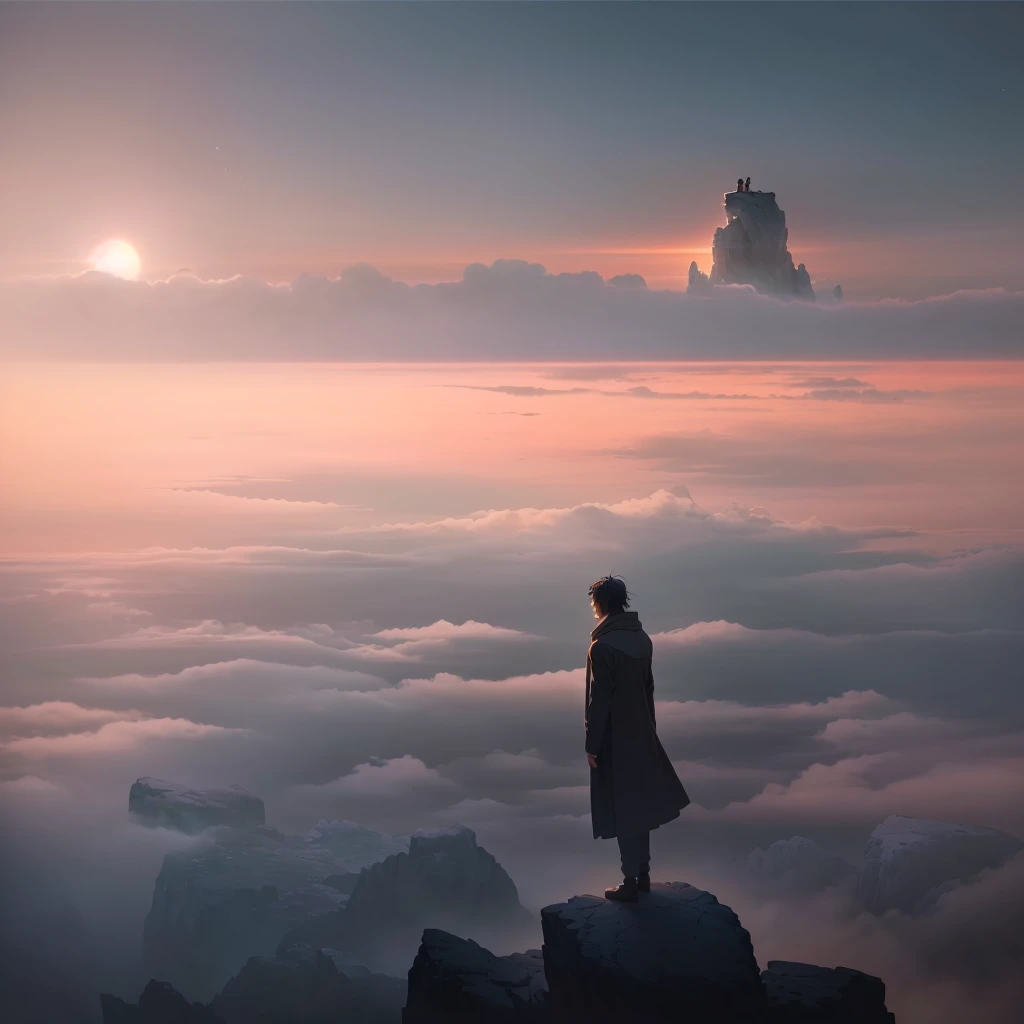 Arav image of a man standing on a rock looking up at the sky, A distant dreamy atmosphere, author:Yang J, author:Yan Liben, Nostalgic Melancholy Artwork, Dreamlike scene, Anime beautiful peaceful scene, Anime atmosphere, by Cheng Jiasui, this is beautiful, by Zou Zhe, author:Ye Xin, Beautiful, dreamy and amazing