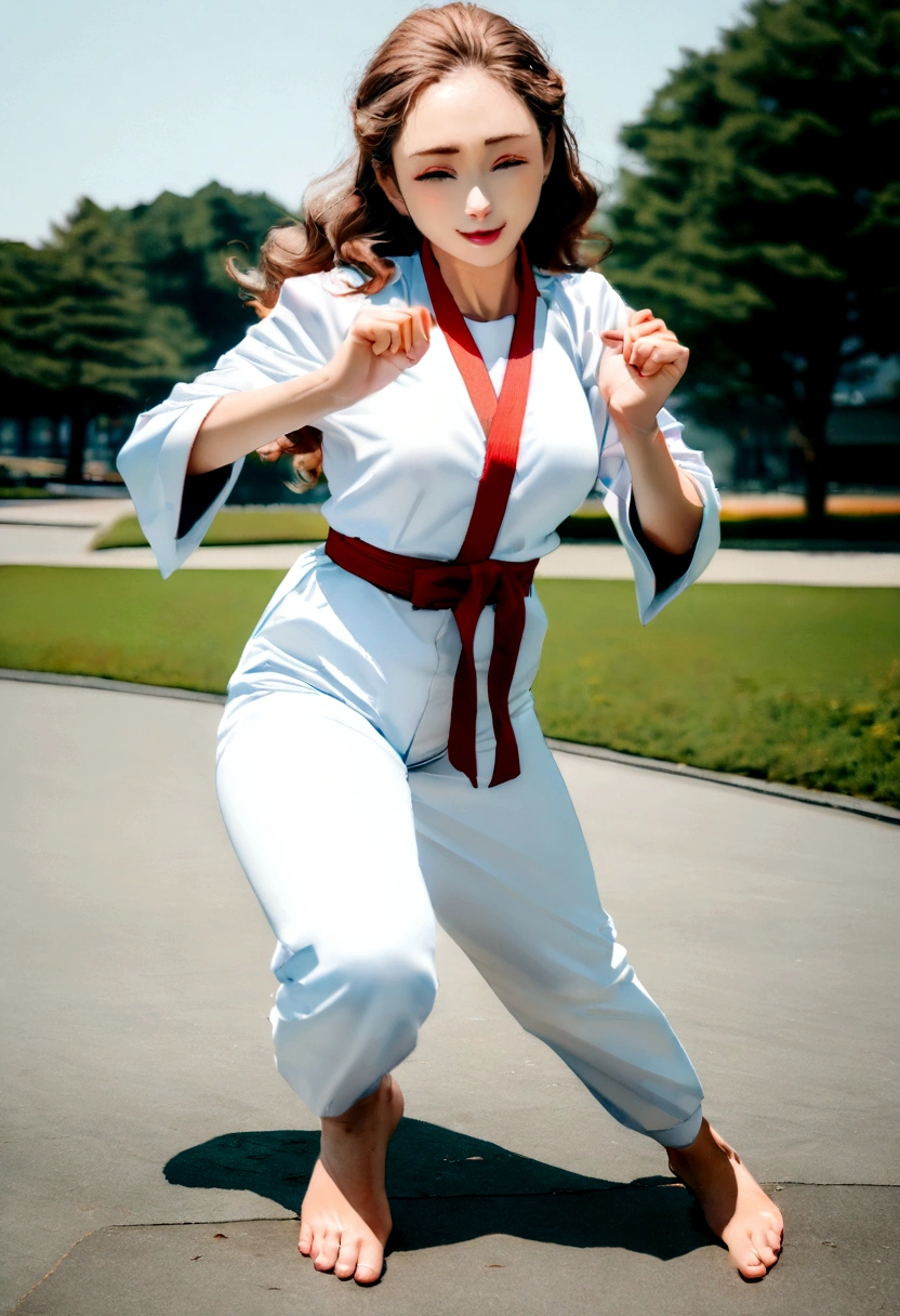 Woman training Shotokan karate performing Gedan-Barai movement at Zenkutsu Dachi base, Animation color photo, Honest portrait, whole body(Raw work:1.3), (8K, High resolution, image, Excellent image quality: 1.4), (One girl), Light brown hair, Wavy Hair, Attractive pretty face, (Laughter: 1.15), 17 years, whole body, barefoot(White karate uniform:1.4), An attractive body with smooth curves, Bold sensual poses, Perfect Anatomy, Tokyo