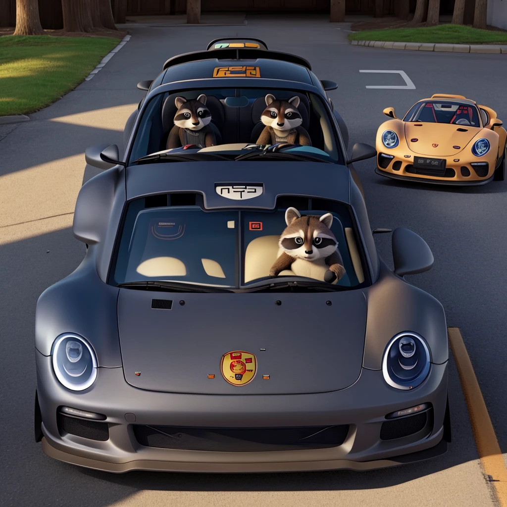 Draw a picture of a raccoon inside the car and make the car a Porsche GT3 RS.