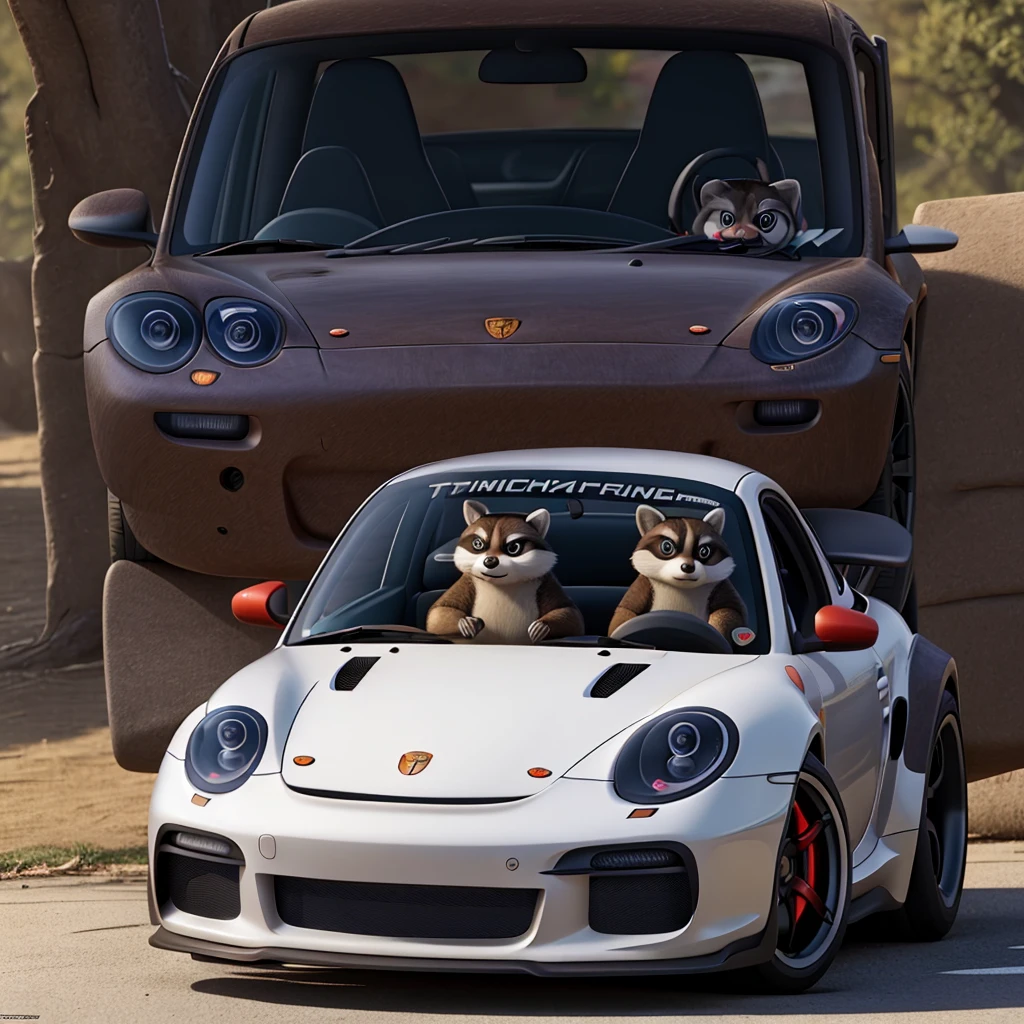 Draw a picture of a raccoon inside the car and make the car a Porsche GT3 RS.