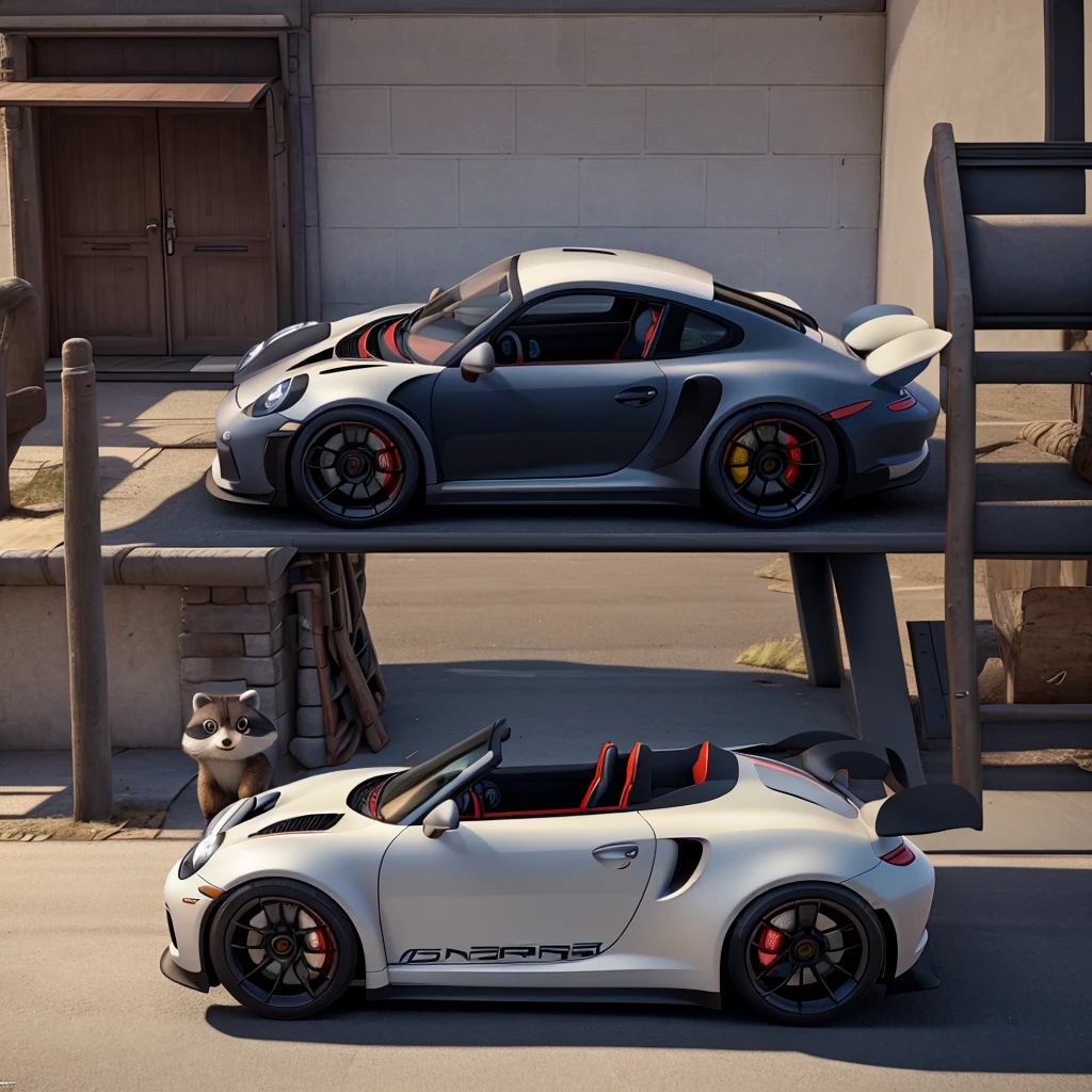 Draw a picture of a raccoon inside the car and make the car a Porsche GT3 RS.