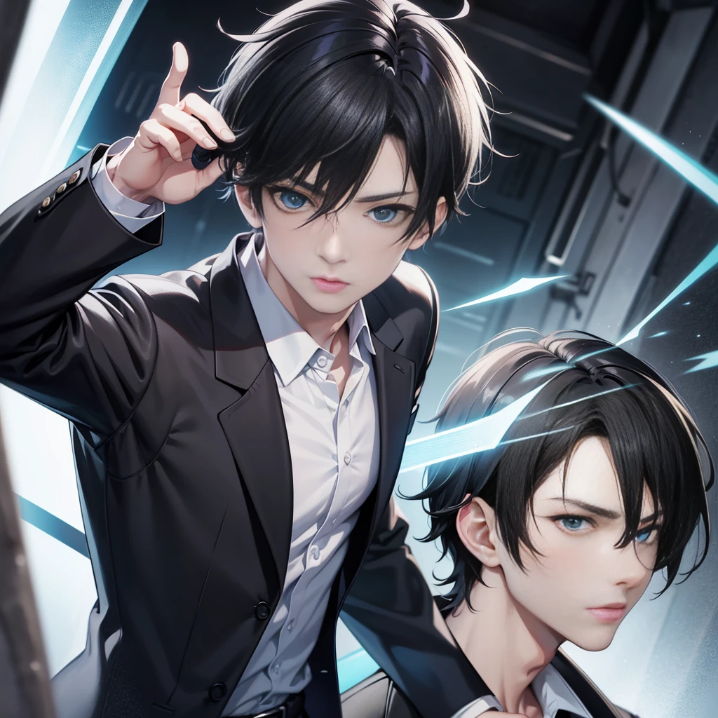 Realistic Anime style, 1boy, short black hair, light blue eyes, wearing all grey suits, streat, midnight, high res, ultrasharp, 8k, masterpiece, looking at viewer from behind