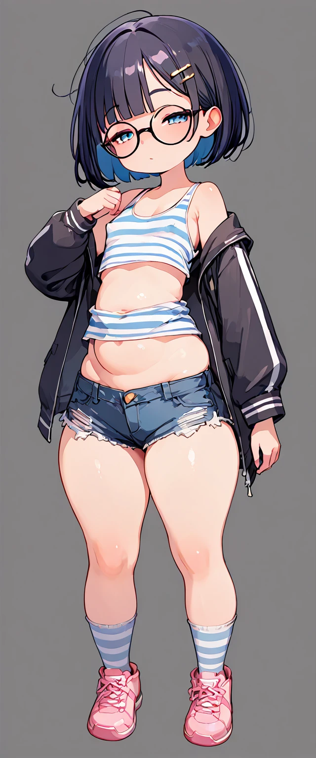 (masterpiece), (best quality), ((ultra-detailed)), (high resolution), (an extremely delicate and beautiful, super fine illustration), official art, BREAK (1girl), (:1.8), (tiny girl:1.6), (8yo)lat chest:1.4), (Plump:1.2), (thick stomach:1.2), (Thick thighs:1.8), (big ass:1.5), erect nipples, Huge areola, large nipples, (long nipples:1.4), erect nipples, oily skin, BREAK droopy eyes, (emerald blue eyes:1.3), (bad mood:1.5), (clear face:1.5), (half closed eyes:2.1), BREAK (bob cut:1.3), tired hair, messy hair, blue colored inner hair, Black hair color, (girl wearing round black glasses), BREAK (blue striped cropped white tank top:1.7), (white anklesocks:1.3), (cropped black jacket:1.6), (micro shorts:1.5), (pink sneakers:1.4), (front view:1.5), full body,