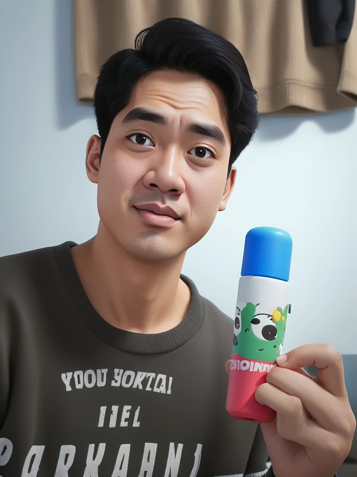 realistic 4D caricature of a big head, a indonesian man age 20 yo, oval face, white skin, hair korean style , wearing sweater, light . blue and black gradient ,standing pose, grey background