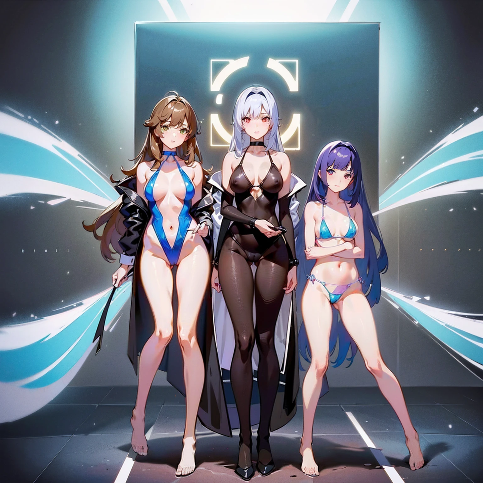High image quality, 8K, high quality, masterpiece:1.2), ((masterpiece)), (High detail, high quality, 最High image quality), Depth of written boundary, Portraiture, Open Stance, (Cute illustrations:1.3), (5 non-virgin girls:1.2), Poolside, (Different hair colors and hairstyles), (Multiple girls with the same style:1.2), Dawn, Beautiful light, Professional Lighting, (Slightly small chest), (Dark brown areola), (Brightly colored swimsuits;1.8), ((Low V-neck one piece bikini swimsuit);1.5), Extremely revealing swimsuit, (A swimsuit that is as transparent as air, right down to the nipples and areola:1.8), (Idol Master:1.2), Cute round face girl, sexy, Dynamic pose, An exciting mood, smile, Dynamic Angle, Underarm,