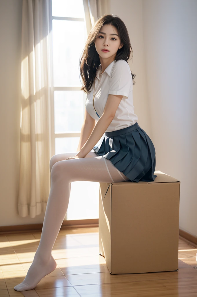 ultra realistic 8k cg, picture-perfect face, flawless, clean, masterpiece, professional artwork, famous artwork, perfect face, beautiful face, beautiful eyes, ((perfect female body)), solo,(immersive atmosphere, chiaroscuro:1.5,bright light:1.2,luminous lighting)
,,(blush:0.5),seductive expression,extremely detailed_eyes,thick thighs,large breasts,
beautifully detailed background,depth of field,realistic:1.3, long shot,1girl,shirt,pleated skirt, , sitting, full body, 
(ambient light:1.3),(cinematic composition:1.3),(neon lights:0.1),(HDR:0.1),Accent Lighting, white pantyhose,