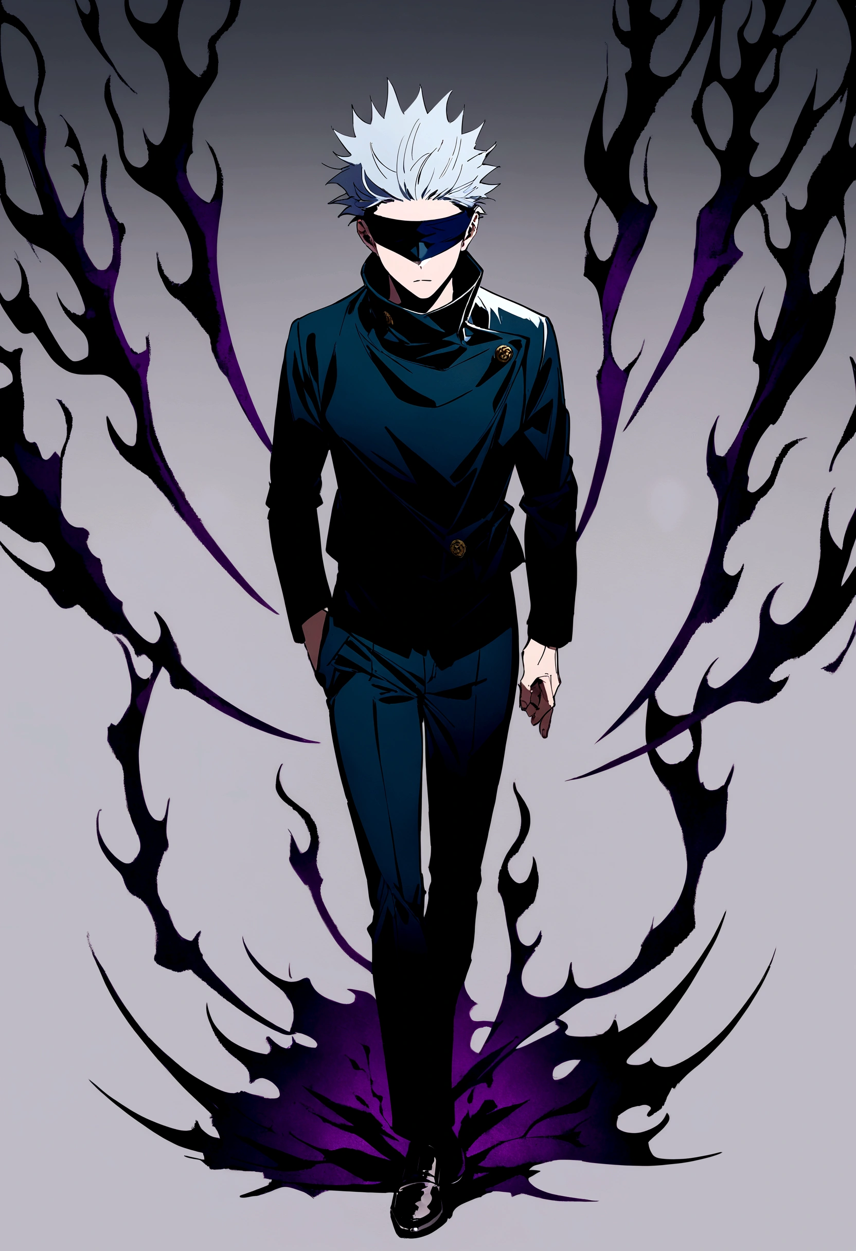 Gojo Satoru, One man, Artist Request, , Gray Hair,, Blindfold, Leather shoes, Expressionless, whole body, Beautiful blue eyes, High resolution, View your viewers, Infinite Curse, Aniplex, pants, shirt, short hair, Simple Background, alone, Jujutsu Kaisen, Infinite Curse