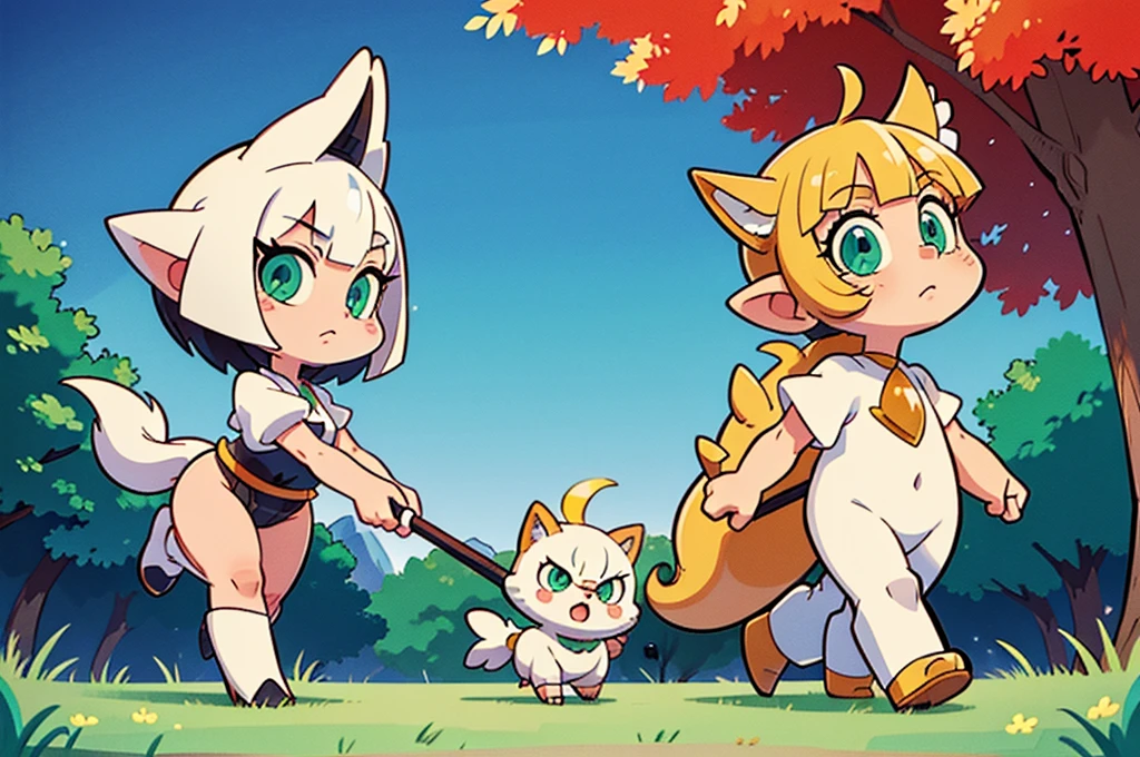 absurd res, (masterpiece, best quality:1.1), arceus, (yousan:1.1), chibi, pokemon \(creature\), no humans, feral, tail, walking, cute, cutesy, from side, looking at viewer, green sclera, red eyes, (detailed eyes:1.2), looking at viewer, detailed background, grass, park, swings, blue sky, clear sky, (4k, hdr:1.3)