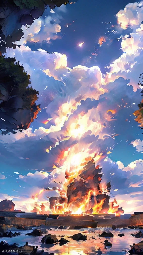 high quality, 64k ultra hd, Detailed, Crimson Magma Pirate Expedition, Embark on breathtaking K Photorealistic Wallpapers, Where majestic pirate ships sail above the fiery crimson magma of the underworld, The ship shines under the clear sky with white clouds and sunshine, Creating a sacred atmosphere hidden deep within the earth, Exotic plants and mysterious caves add an otherworldly feel to the scene..