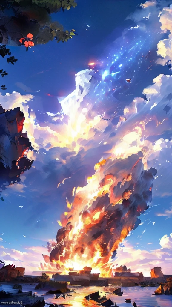 high quality, 64k ultra hd, Detailed, Crimson Magma Pirate Expedition, Embark on breathtaking K Photorealistic Wallpapers, Where majestic pirate ships sail above the fiery crimson magma of the underworld, The ship shines under the clear sky with white clouds and sunshine, Creating a sacred atmosphere hidden deep within the earth, Exotic plants and mysterious caves add an otherworldly feel to the scene..