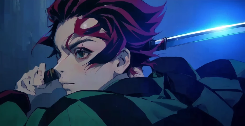 red hair, aggressive , katana, green and black kimono, red eyes