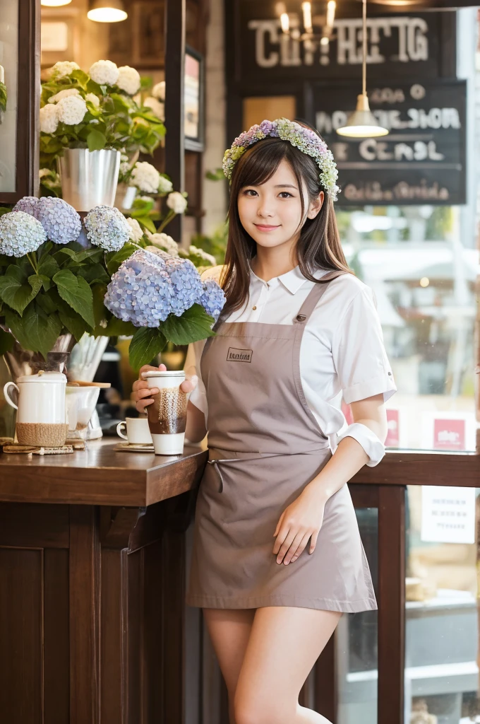 A 20-year-old girl working at a coffee shop decorated with hydrangeas(Wearing a miniskirt and apron)