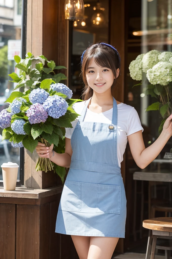 A 20-year-old girl working at a coffee shop decorated with hydrangeas（Wearing a miniskirt and apron）
