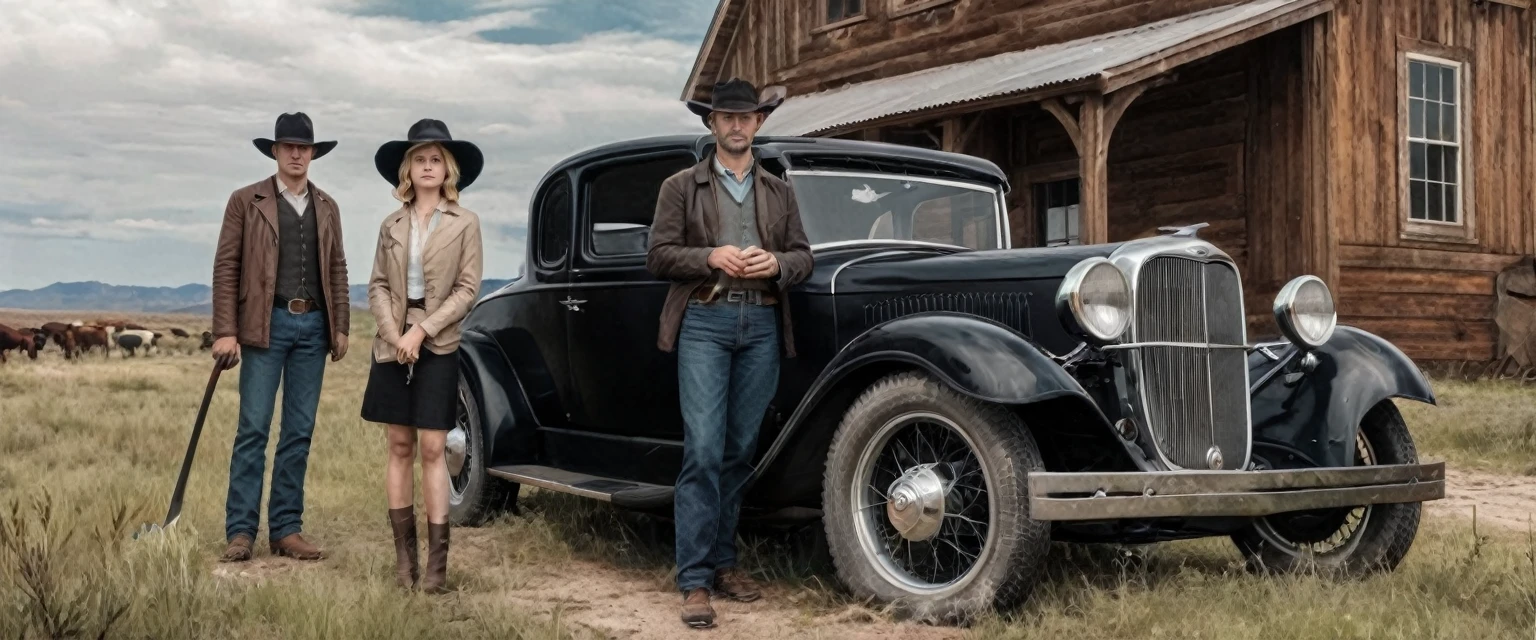 a photo of a man and woman standing next to an old 1930s' ford coup as illustrated in top cow comics, in the old west, featured on dribbble, kino's journey (2003), mystery and detective themed, valve promotional splash art, the 'american gothic' painting, ( ( large black hat ) ), twisted rays, scythe design, anato finnstark and kelogsloops