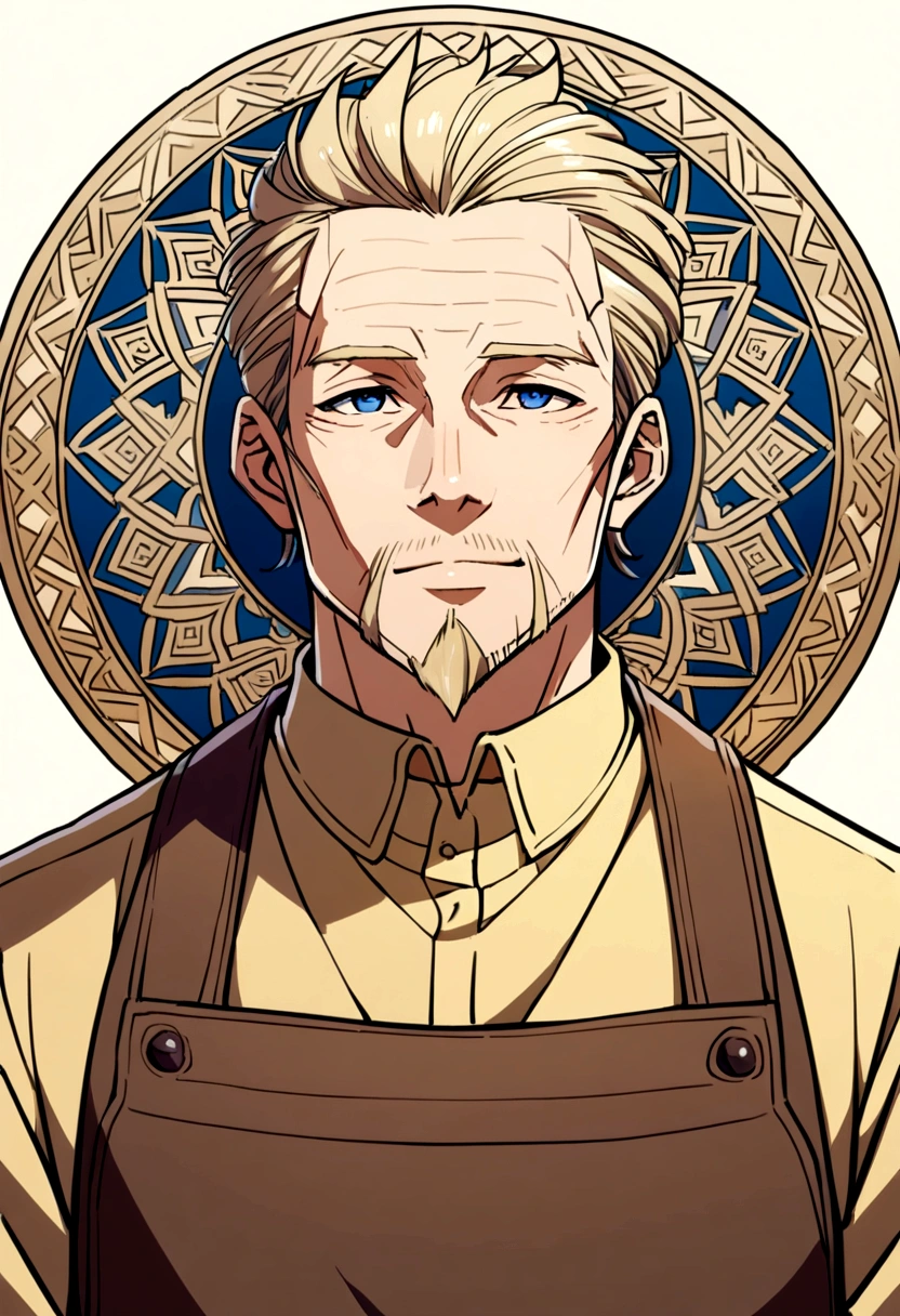 40 year old man, short blond hair, dark blue eyes, goatee, light yellow shirt, brown carpenter's apron.