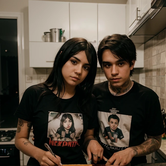 Mexican emo girl and a Polish emo boy , cooking dinner at night in your kitchen , looking at the camera for his followers, cute photo for instagram , selfie 25 years 