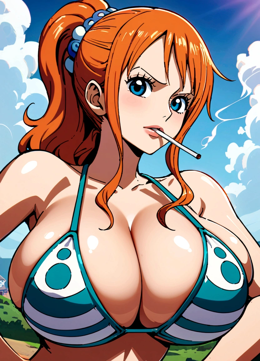 a cartoon picture of a woman in a bikini top and jeans, nami one piece, nami from one piece, nami, beautiful portrait of nami, from one piece, oppai, blue eyes, smoking, ponytail
