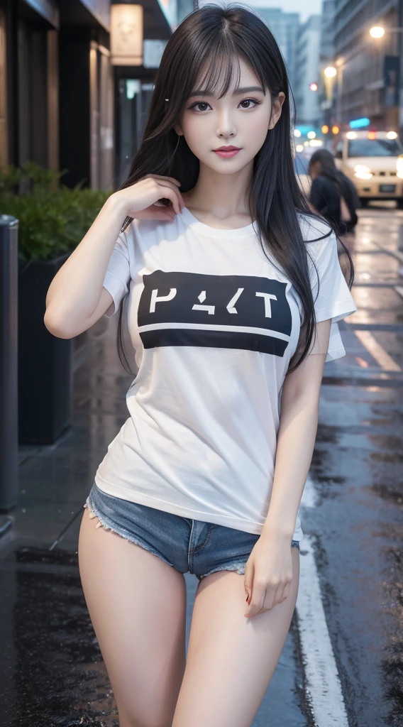 It was raining heavily, Best quality, 4K, 8K, Detailed faces, Beauty girl, Korean makeup,  Kaihuai, Perfect body, Big breasts, upper legs, Platinum hair, Girl in long t-shirt, T-shirts only, and thigh T-shirts, thin tshirt, T-shirt underwear, streetview,