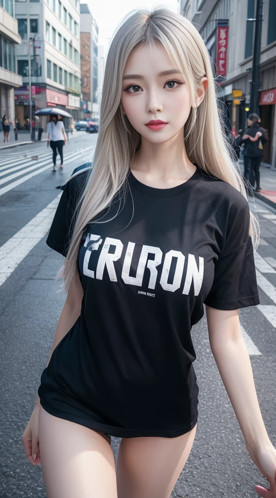 It was raining heavily, Best quality, 4K, 8K, Detailed faces, Beauty girl, Korean makeup,  Kaihuai, Perfect body, Big breasts, upper legs, Platinum hair, Girl in long t-shirt, T-shirts only, and thigh T-shirts, thin tshirt, T-shirt underwear, streetview,