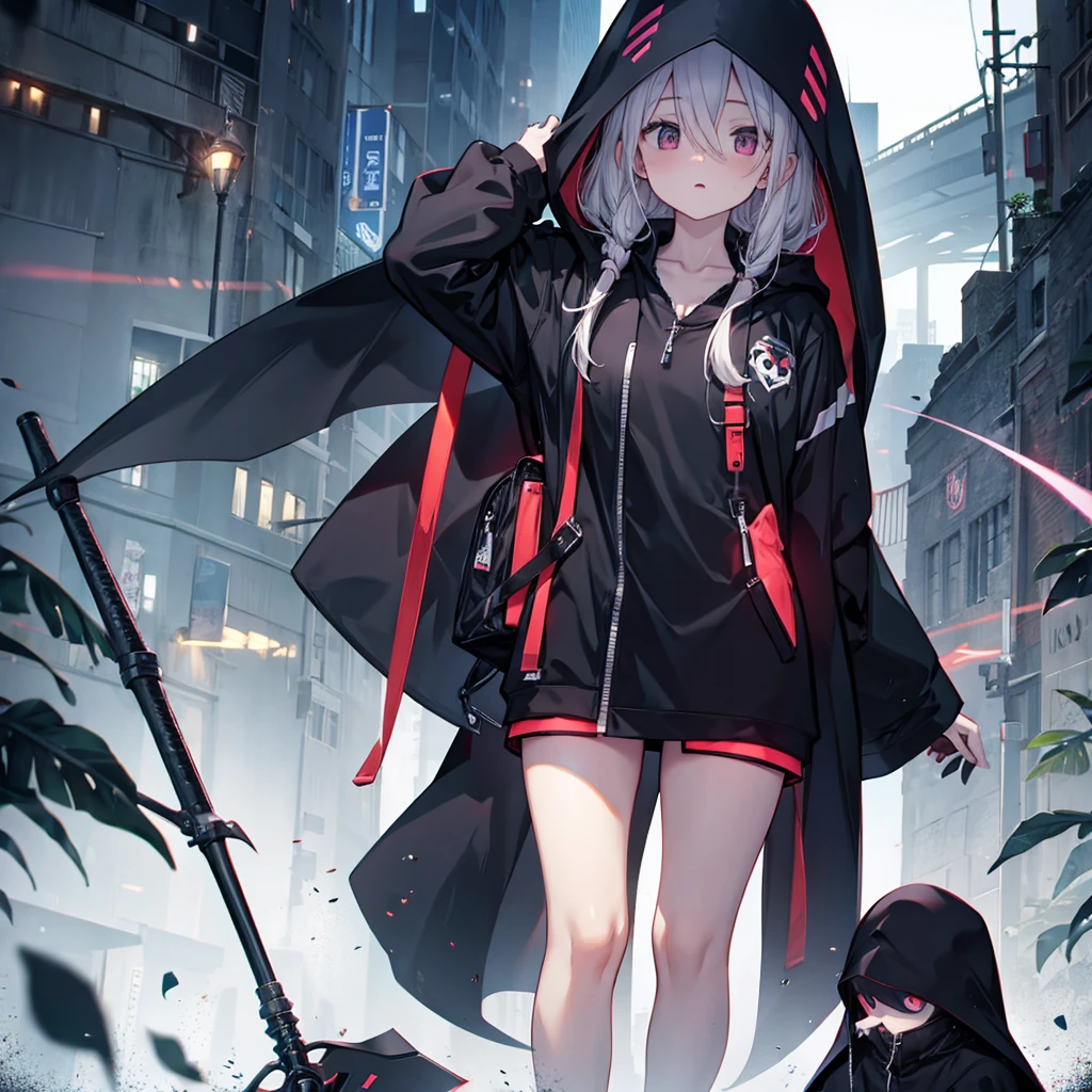 (((Grim Reaper's Scythe))) (((Gray Hair Short Hair blue eyes girl))),((night full moon My own big wings)),(Wearing a hood Black camisole Purple light), A tense look Shining Background Shining Edge