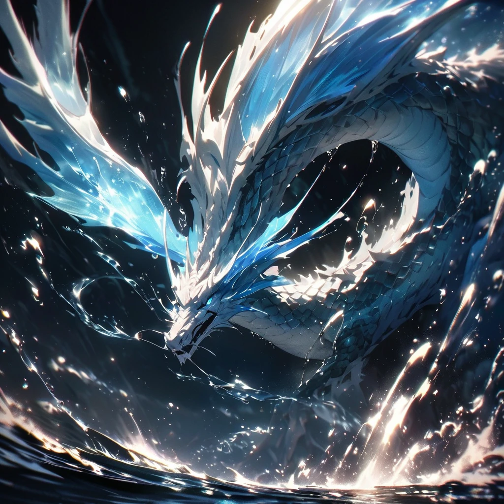 Under the vast night sky,A lifelike water dragon is showing its magnificent posture。The water dragon's mouth produces delicate and complex water flows and ripples,Extremely rich in details,Water flows are rendered with realistic and photorealistic accuracy。The clear water flow is particularly eye-catching against the dark background,In sharp contrast。As the water dragon appears vividly in the sky,The overall composition exudes a sense of mystery and wonder,A unique work of art。Carefully designed lighting effects enhance the drama of the dragon's water flow,The whole work exudes a fascinating atmosphere。