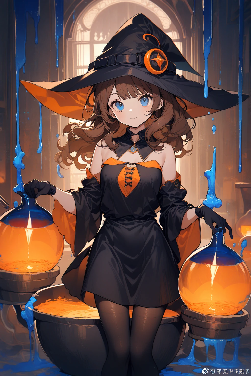 1 girl, CuteStyle, blue eyes, brown hair, long hair with bangs, witch hat, witch costume, bare shoulders, separate sleeves, neckline, neckline, black gloves, short black mini dress, black stockings, bulging skin from stockings, looks at the viewer, sly smile, sly look, indoors, a cauldron with blue liquid, a lot of flasks, orange-blue lighting, dark, specks of dust flying in the air, detailed, beautiful, delicate tones