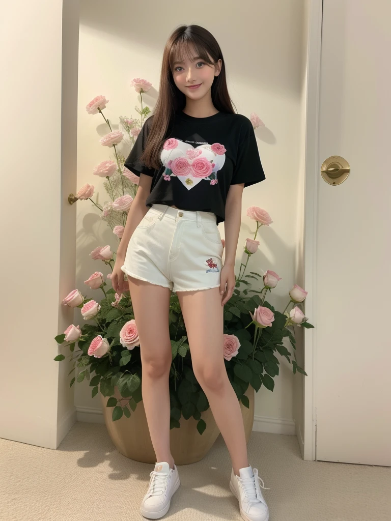 Masterpiece, beautiful girl, smile, Looking at the camera, standing in front of a bouquet of roses, Wear shorts and a T-shirt, white sneakers. Wear shirts and shorts., flower, full body photo, Comfortable pose, Slender legs