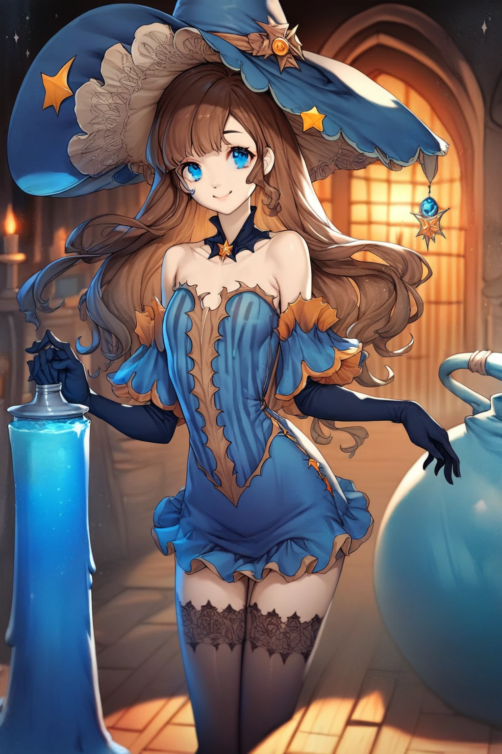 1 girl, CuteStyle, blue eyes, brown hair, long hair with bangs, witch hat, witch costume, bare shoulders, separate sleeves, neckline, neckline, black gloves, short black mini dress, black stockings, bulging skin from stockings, looks at the viewer, sly smile, sly look, indoors, a cauldron with blue liquid, a lot of flasks, orange-blue lighting, dark, specks of dust flying in the air, detailed, beautiful, delicate tones