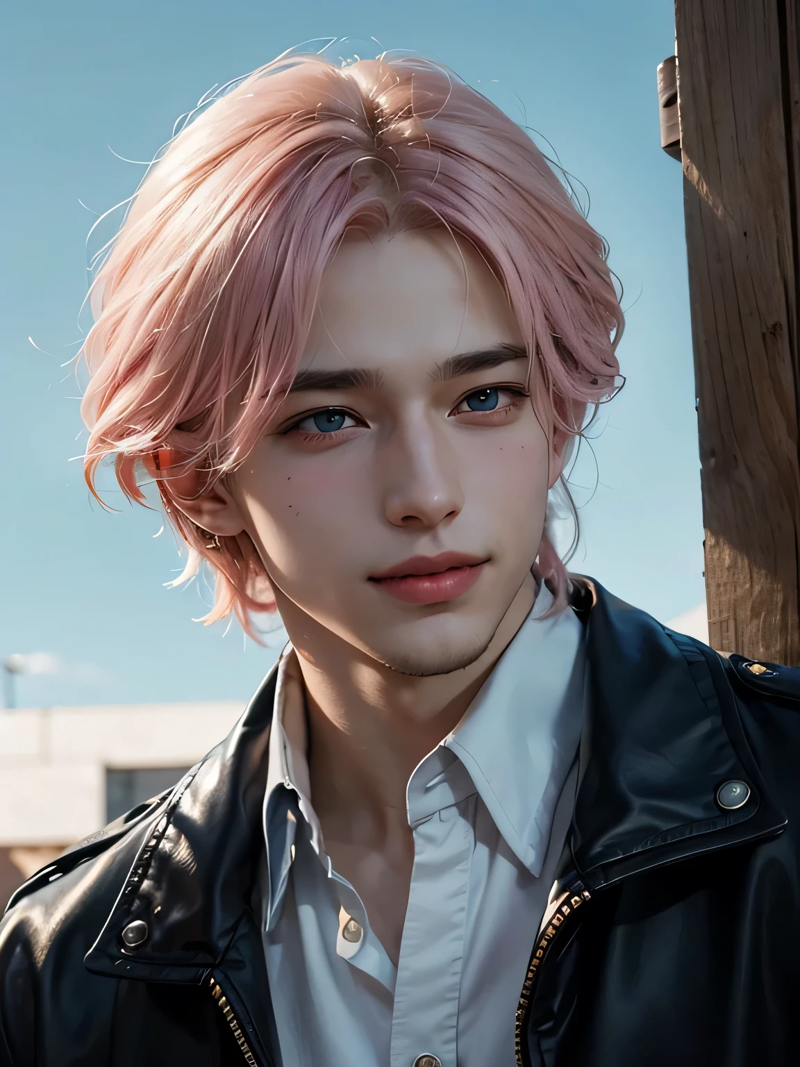 1boy, r old,enaged, Light-pink hair, azure blue big eyes, Solo Focus Teen Facial, white  shirt, a handsome, Smiling, Realistic, The dynamic pose is realistic, Detailed and correct facial structure, Leon S. Kennedy, a handsome, Extremely detailed, Dynamic Angle, cowboyshot, The Most Beautiful Shape, elegant, bright colours, romanticism, James Jean, roby dwi antono, by Ross Tran, francis bacon, michal mraz, adrian ghenie, petra cortright, gerhard richter, takato yamamoto, ashley wood, atmospheric