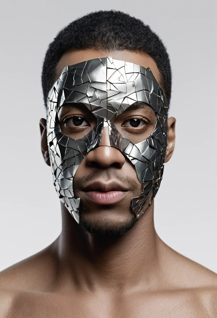 A black man with a broken metal mask on his face, the mask is cracked and chipped, the man is looking at the camera with a serious expression. The background is white. The image is a 3D render, highly detailed, and realistic.