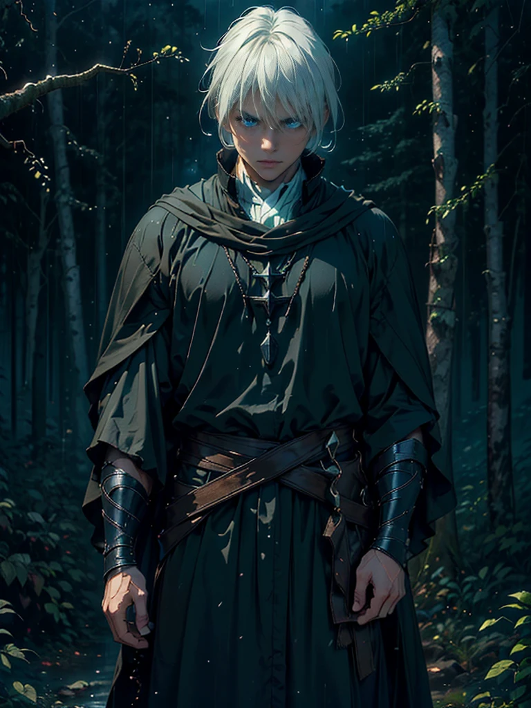 (Best Quality,ultra detailed), artificial raindrops falling, a man standing in the rain, white hair, blue eyes, detailed face(fail),dense forest landscape,majestic and serene nature, shining brightly in the night sky,black medieval outfit glow in the moonlight, gentle style