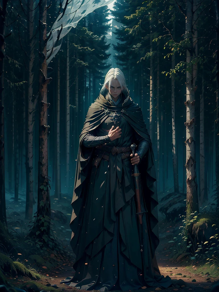 (Best Quality,ultra detailed), artificial raindrops falling, a man standing in the rain, white hair, blue eyes, detailed face(fail),dense forest landscape,majestic and serene nature, shining brightly in the night sky,black medieval outfit glow in the moonlight, gentle style