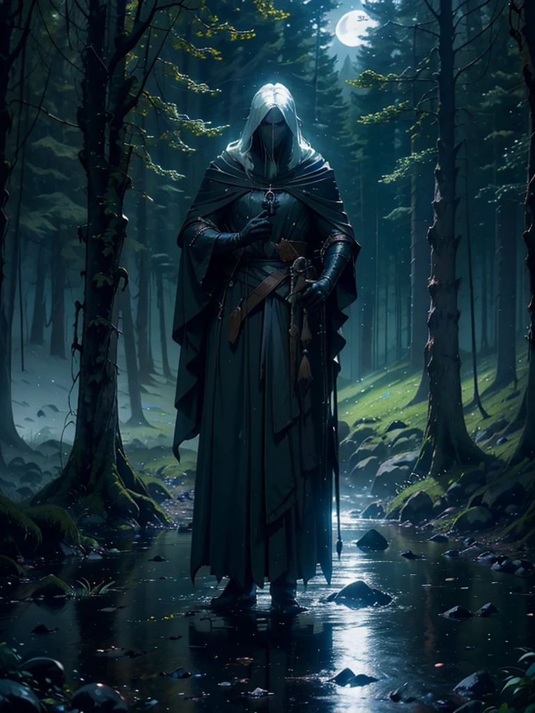 (Best Quality,ultra detailed), artificial raindrops falling, a man standing in the rain, white hair, blue eyes, detailed face(fail),dense forest landscape,majestic and serene nature, shining brightly in the night sky,black medieval outfit glow in the moonlight, gentle style