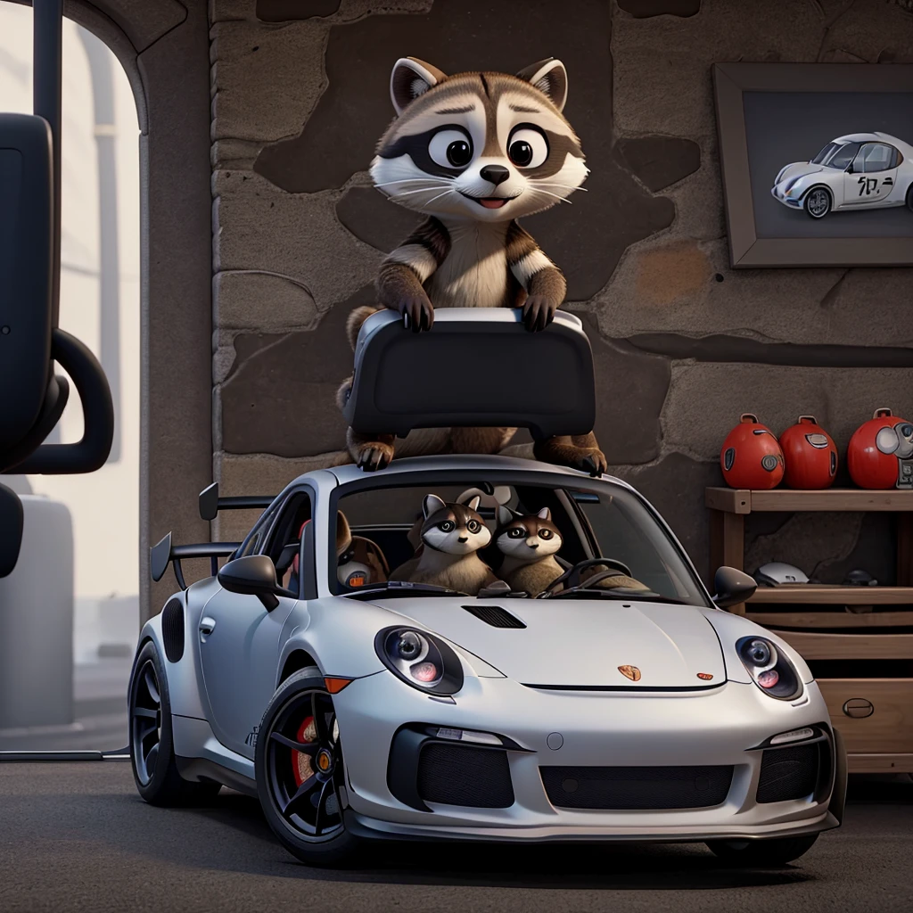 Draw a picture of a raccoon inside the car and make the car a Porsche GT3 RS.. The raccoon has to be driving the car