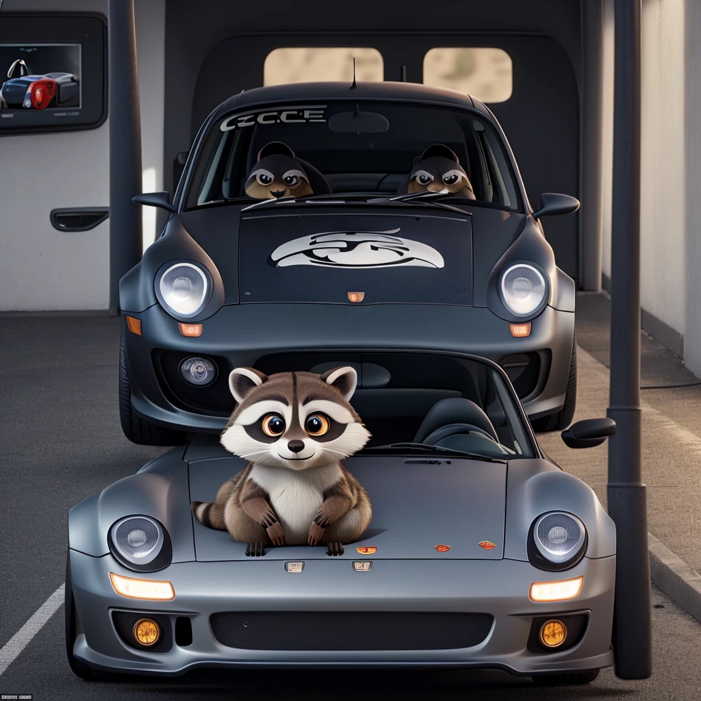 Draw a picture of a raccoon inside the car and make the car a Porsche GT3 RS.. The raccoon has to be driving the car