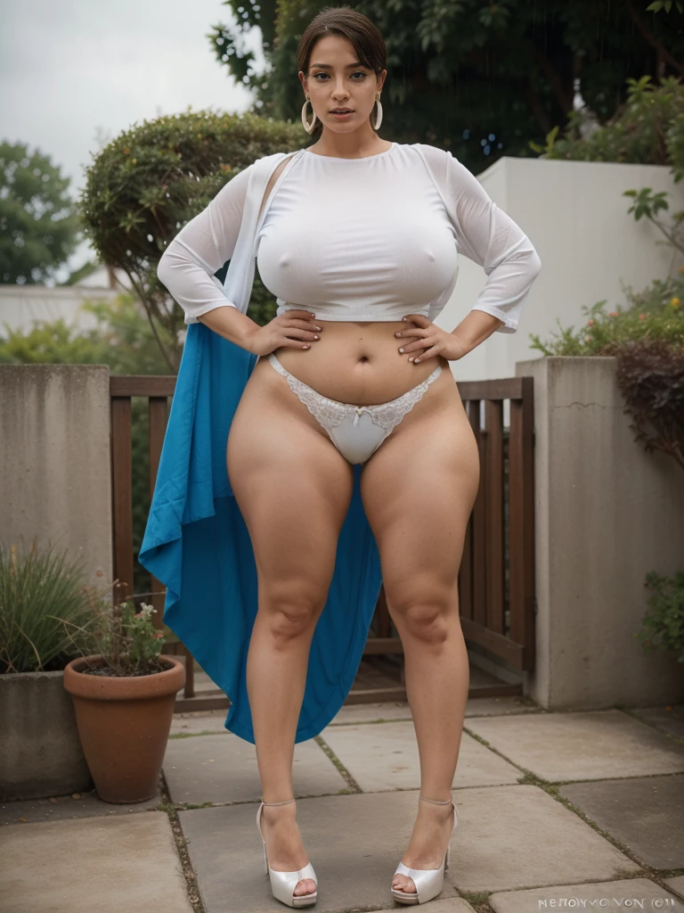 brunette woman, skin tanned, 40 YEARS OLD, Bullish, plus size style, gorgeous face, Full mouth, blue colored eyes, shorth hair, hair shaved on the side, Large earrings, Giant tits, Giant ass, thick-thighs, with glasses, seducing gaze, wearing high heel shoes, wearing very small panties, white panties, wearing a white top. she standing, she is in the garden, she is in the rain. 