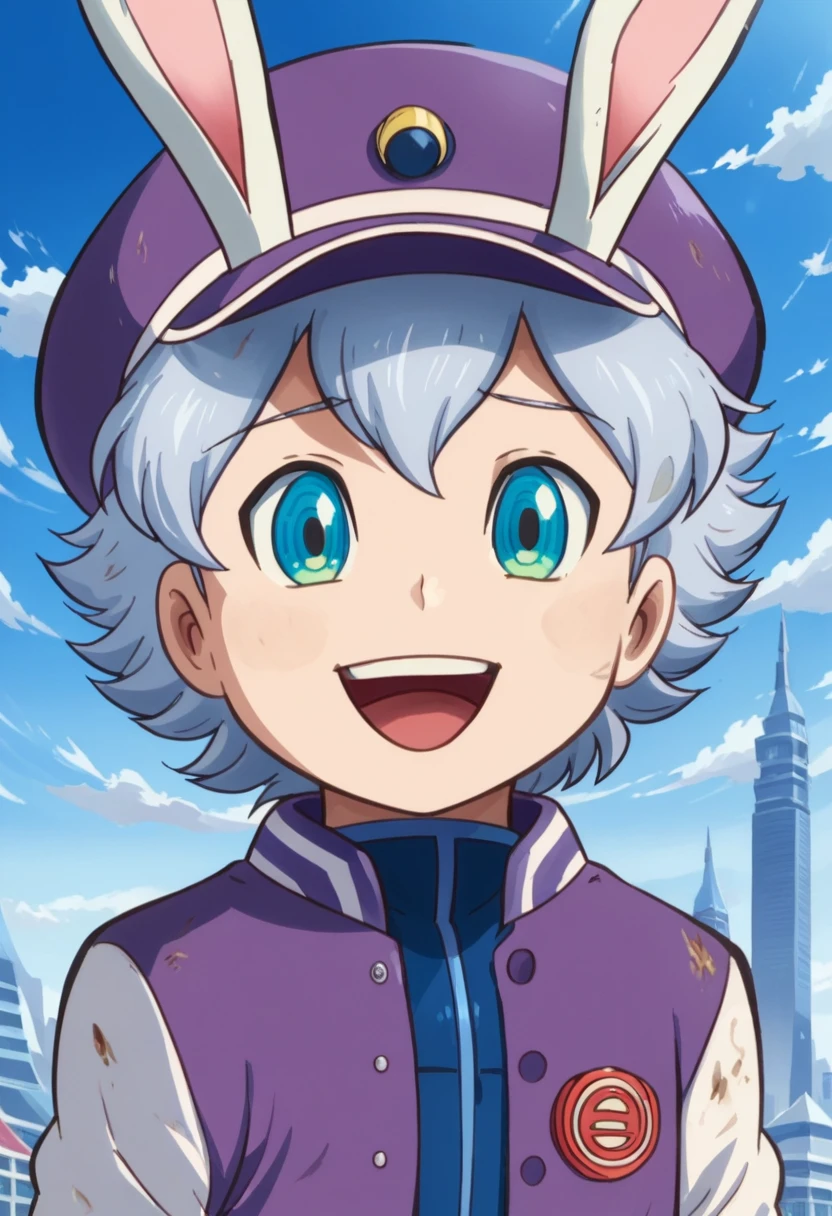 Score_9, score_8_up, score_7_up, rating_safe, Cute young naked boy, luca,blue hair, blue eyes, rabbit ears,rabbit boy,, cute face, very smail, laughing, grinning evily，Western，Boy student，short detailed hair，Shota，solo person，Wear a red and blue beret，（Feathers on the beveled edge of the hat），Red and blue open postman uniform，punky style，Black stroke，solo person，Fluttering feathers，The city of the future，nigth，Contre-Jour,