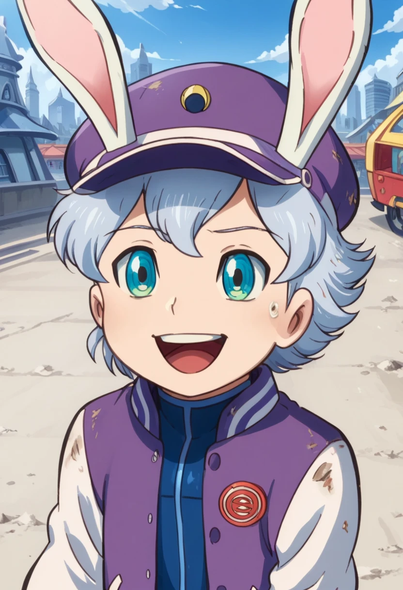 Score_9, score_8_up, score_7_up, rating_safe, Cute young naked boy, luca,blue hair, blue eyes, rabbit ears,rabbit boy,, cute face, very smail, laughing, grinning evily，Western，Boy student，short detailed hair，Shota，solo person，Wear a red and blue beret，（Feathers on the beveled edge of the hat），Red and blue open postman uniform，punky style，Black stroke，solo person，Fluttering feathers，The city of the future，nigth，Contre-Jour,