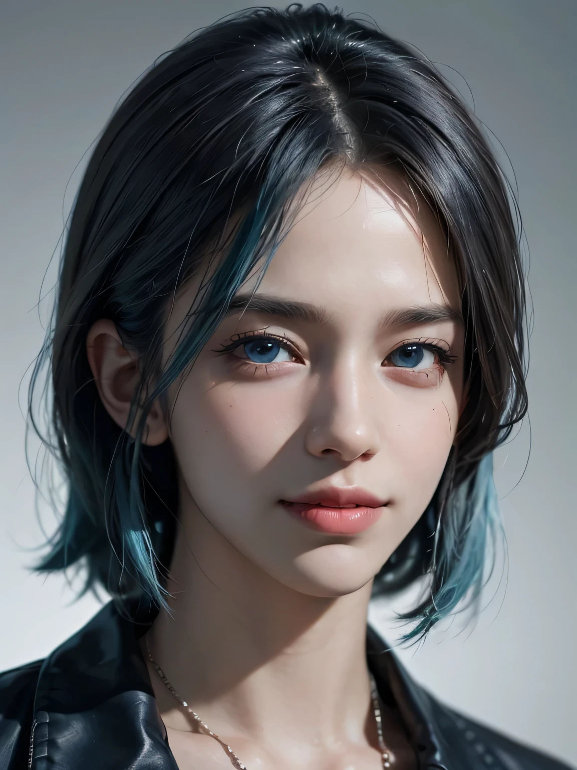 1boy, 17 yr old, aged, Light-blue hair, azure blue big eyes, Solo Focus Teenial, grey shirt, a handsome, Smiling, Realistic, The dynamic pose is realistic, Detailed and correct facial structure, Leon S. Kennedy, a handsome, Extremely detailed, Dynamic Angle, cowboyshot, The Most Beautiful Shape, elegant, bright colours, romanticism, James Jean, roby dwi antono, by Ross Tran, francis bacon, michal mraz, adrian ghenie, petra cortright, gerhard richter, takato yamamoto, ashley wood, atmospheric