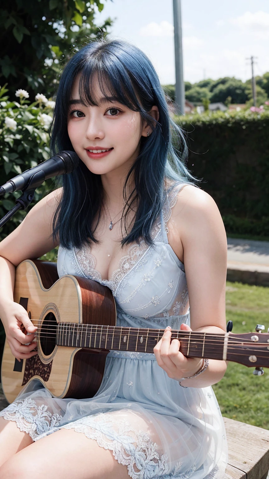 ((best quality)), photorealistic, photorealism, Photorealistic, high resolution, ((Wearing silver transparent lace dress))、smile、A superb beauty、Super cute、ennui、Rare beauty、Very Short hair、Black Dark Eyeshadow、Sad、white skin、pale skin, Very short hair layered、Cute Makeup、Cute Smile、Fragrant beauty、Garden background、Mastepiece、Best Quality、Refers to 5 books、Sweat glistening on my chest、Sweat glistening on my face、Medium breasts、Blue hair、Age 20 years old、Mysterious look、A sad expression、Blue Hair、Glamorous concert stage、Sweating profusely all over the body、Plenty of sweat glistening on the thighs、A large amount of sweat glistens on my thighs、Sweating profusely、Gal、Medium breasts、Beautiful face、Alluring expression、Sitting、Sitting playing guitar、Thick thighs、Playing guitar、I have a guitar、Sing a song enthusiastically、Playing guitar in a band、Rock band、Playing guitar chords、Live House Background、Sing a song、Open your mouth、Live house scenery、Mic stand、Glamorous live stage、Dynamic Angle