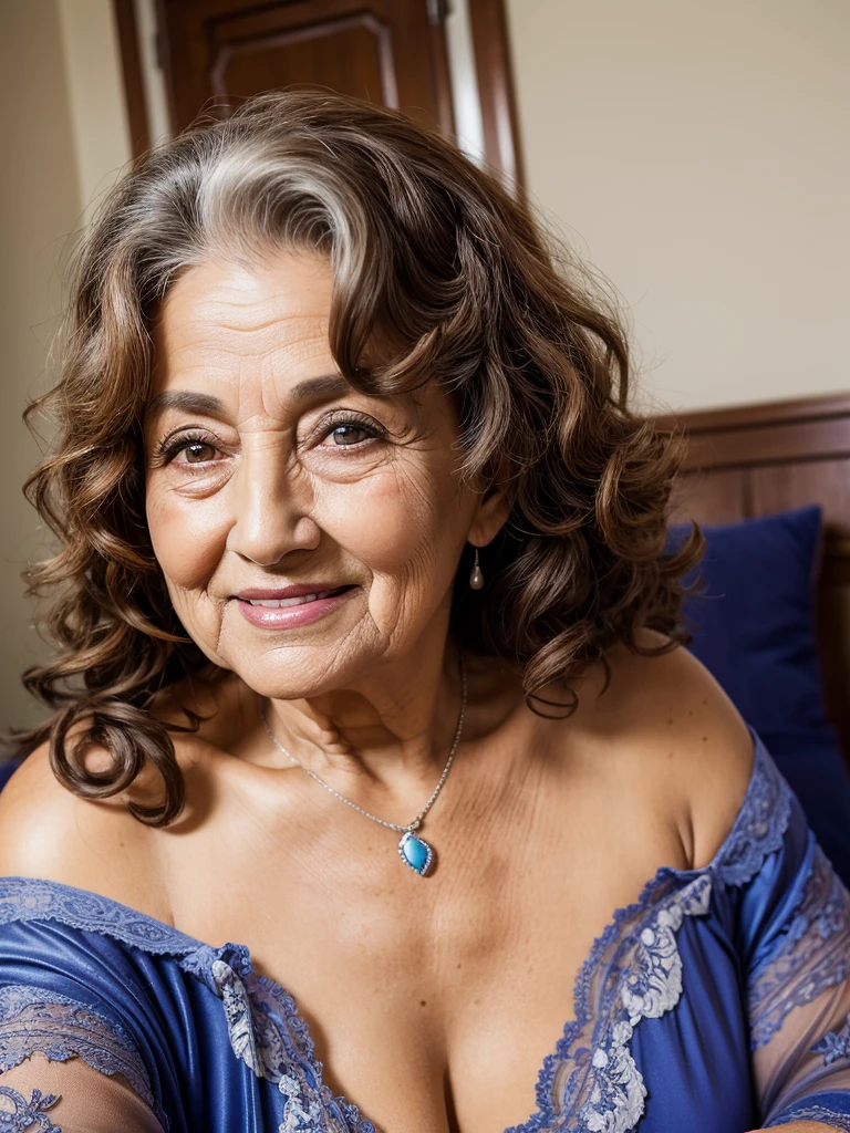 Mature old woman 80 years with brown long curly hair, plus size, old face and body with many wrinkles, loose skin, sitting at bedroom posing for photo, She wearing blue robe with large neckline and lace stockings, front view. jaw dropping mature older beauty, old face and body with wrinkles, old face, smiling, attractive grandma, a gorgeous old hair, beautiful old grandma, lovely older mature grandma, gorgeous beautiful grandma over 80 years old, beautiful brown long curly hair grandma, beautiful detailed body and face, a beautiful old granny
