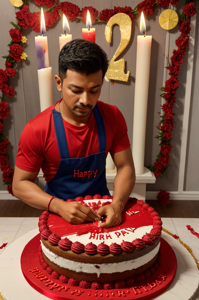 Create a 3d image in which a ger boy cutting cake wearing red colour shirt with name dipak Thapa is written clearly on the cake and 27 years candle burning on The cake image feature with birthday decorated view realistic image background decorated with birthday iteam