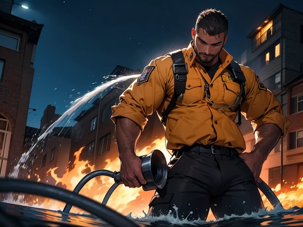sexy mature daddy, tanned-skin, big bulge, darker skin, stubble, muscular, experienced firefighter, putting out fire using a water hose, building on fire at night, uniform, look of determination