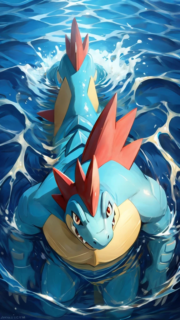 Feraligatr, pokemon, swimming, view from above