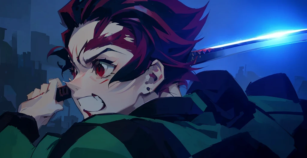 red hair, aggressive , katana, green and black kimono, red eyes, teeths
