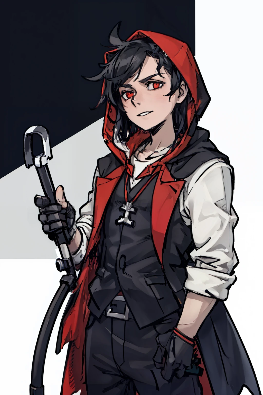 A young man,front,((Half Body,Black hair)),crutch,Red Cape,hood,Solid color background,White background